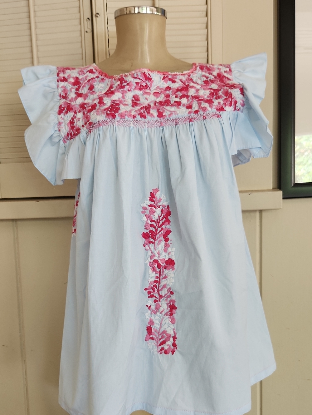 Mi Golondrina Light Blue Girls Smocked Blouse with Pink Floral Embroidery